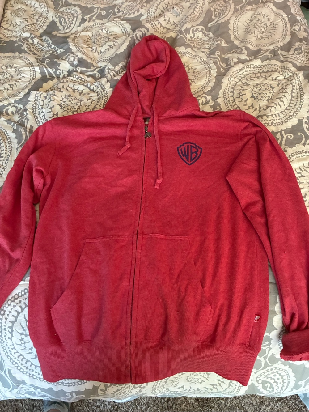 Warner Bros. Red Hooded Zip Sweatshirt with WB Logo Tag